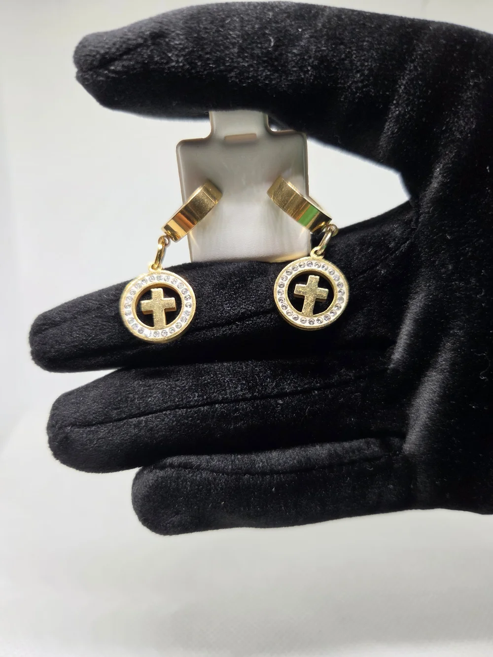 Gold Cross Circle Drop Huggie Earrings